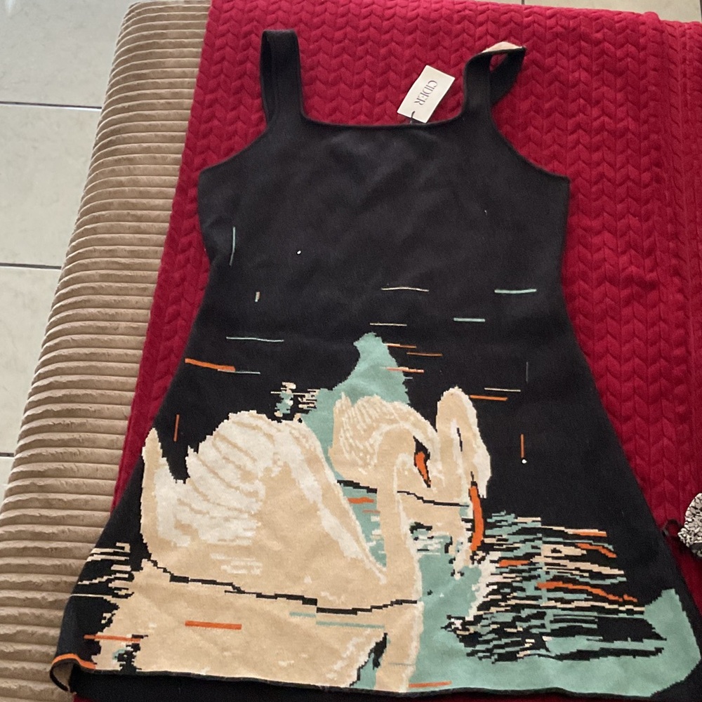 Cider Black Mini Dress with Cream Swan and Teal Accents